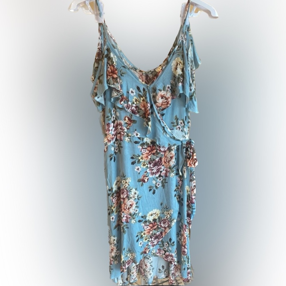 Umgee (New) • Blue Floral Cold Shoulder High Low Dress, Sz L